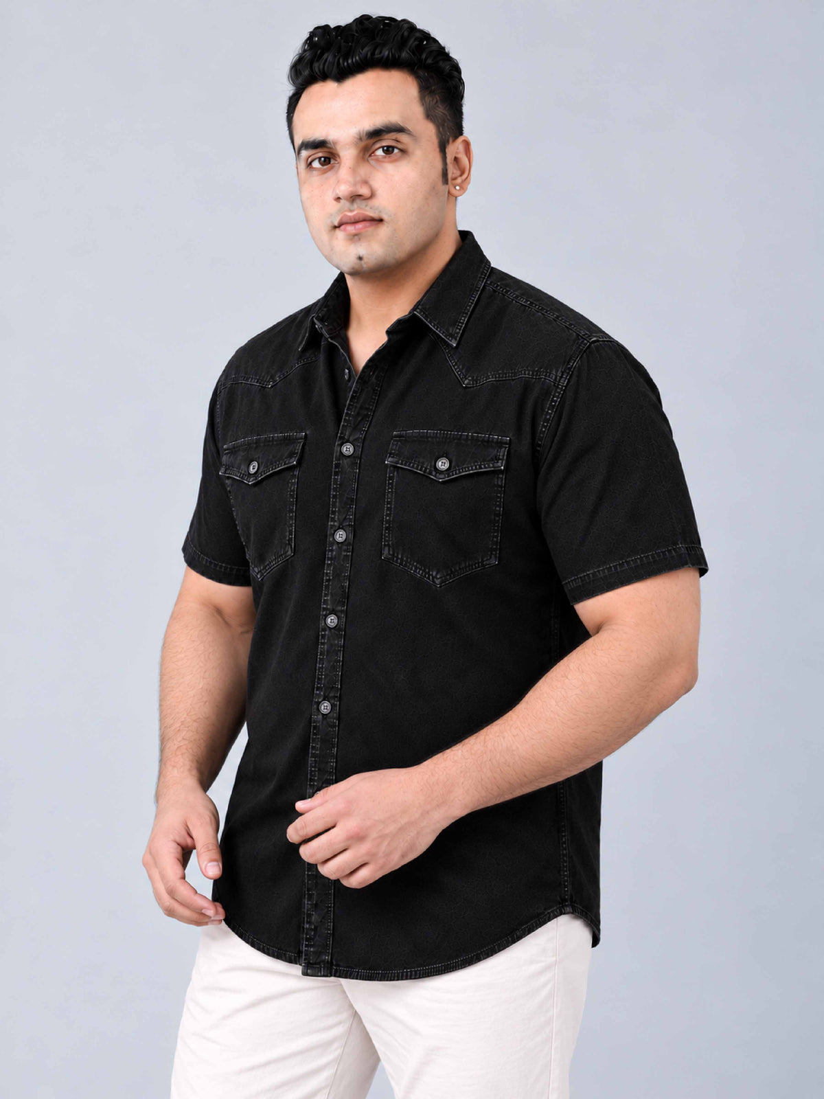 Black Denim Double Pocket Half Sleeve Shirt Men's Plus Size