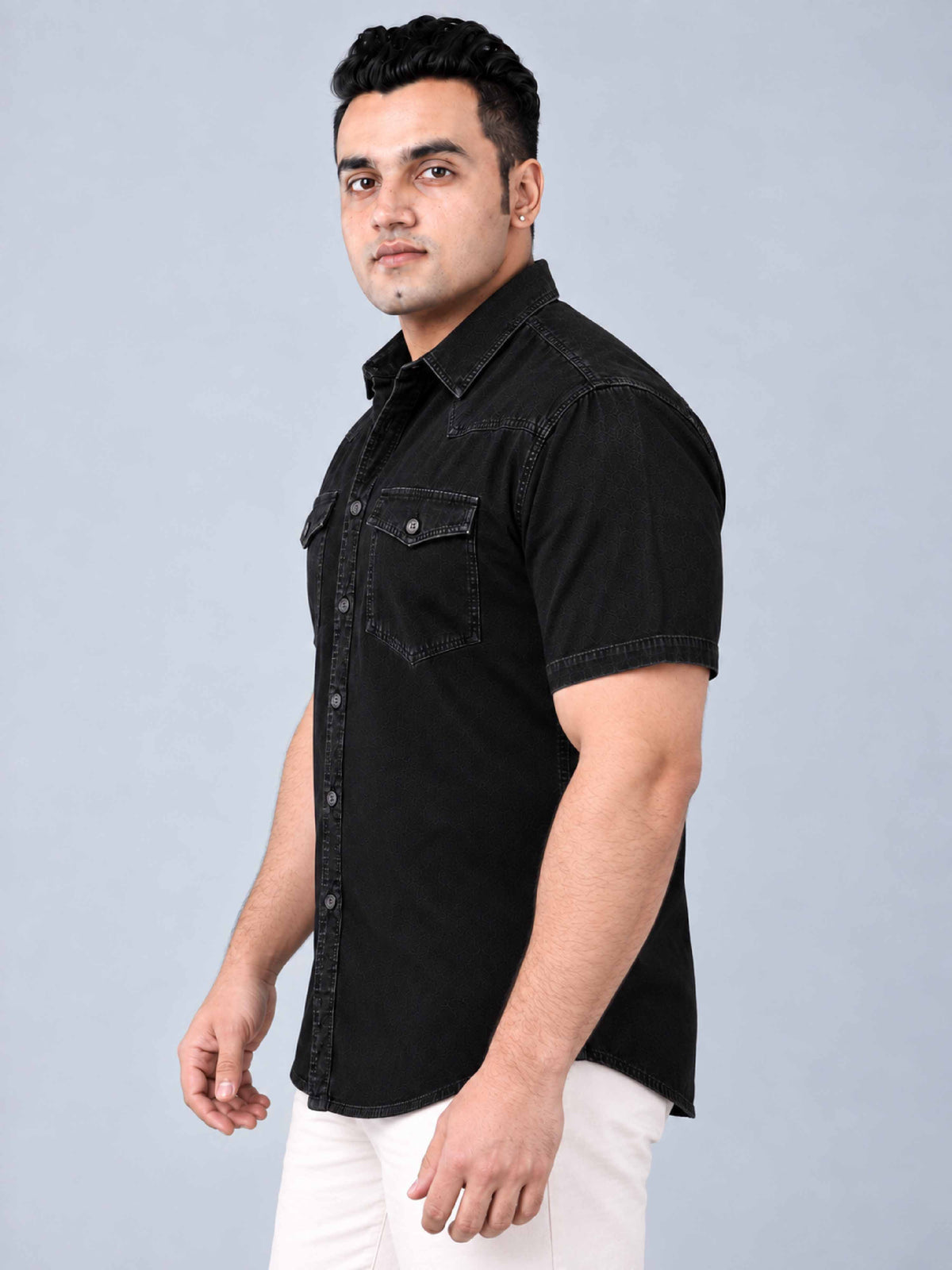 Black Denim Double Pocket Half Sleeve Shirt Men's Plus Size