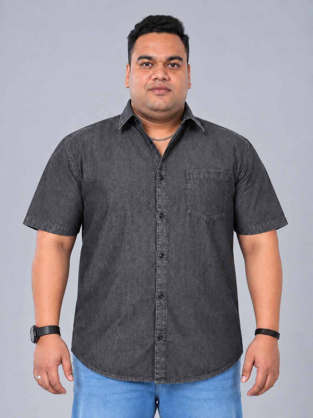 Grey Denim Single Pocket Half Sleeve Shirt Men's Plus Size