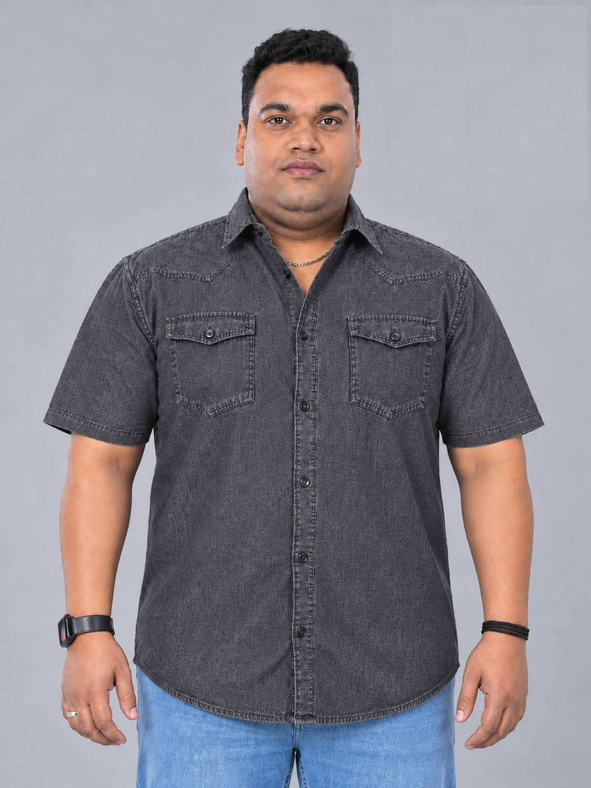 Grey Denim Double Pocket Half Sleeve Shirt Men's Plus Size