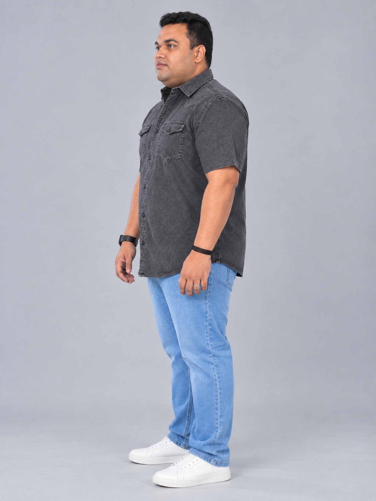 Grey Denim Double Pocket Half Sleeve Shirt Men's Plus Size