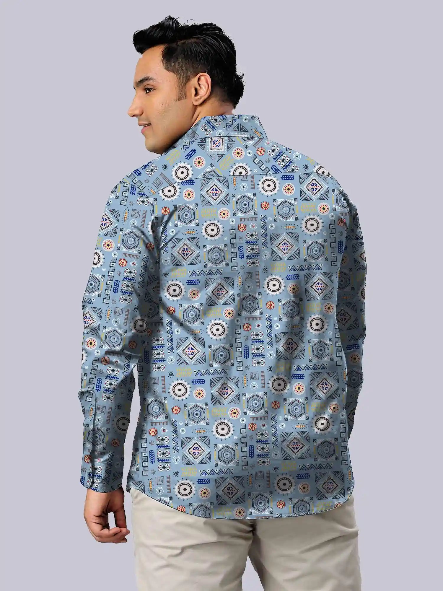 Men's Plus Size African Arts Blue Digital Printed Linen Full Shirt