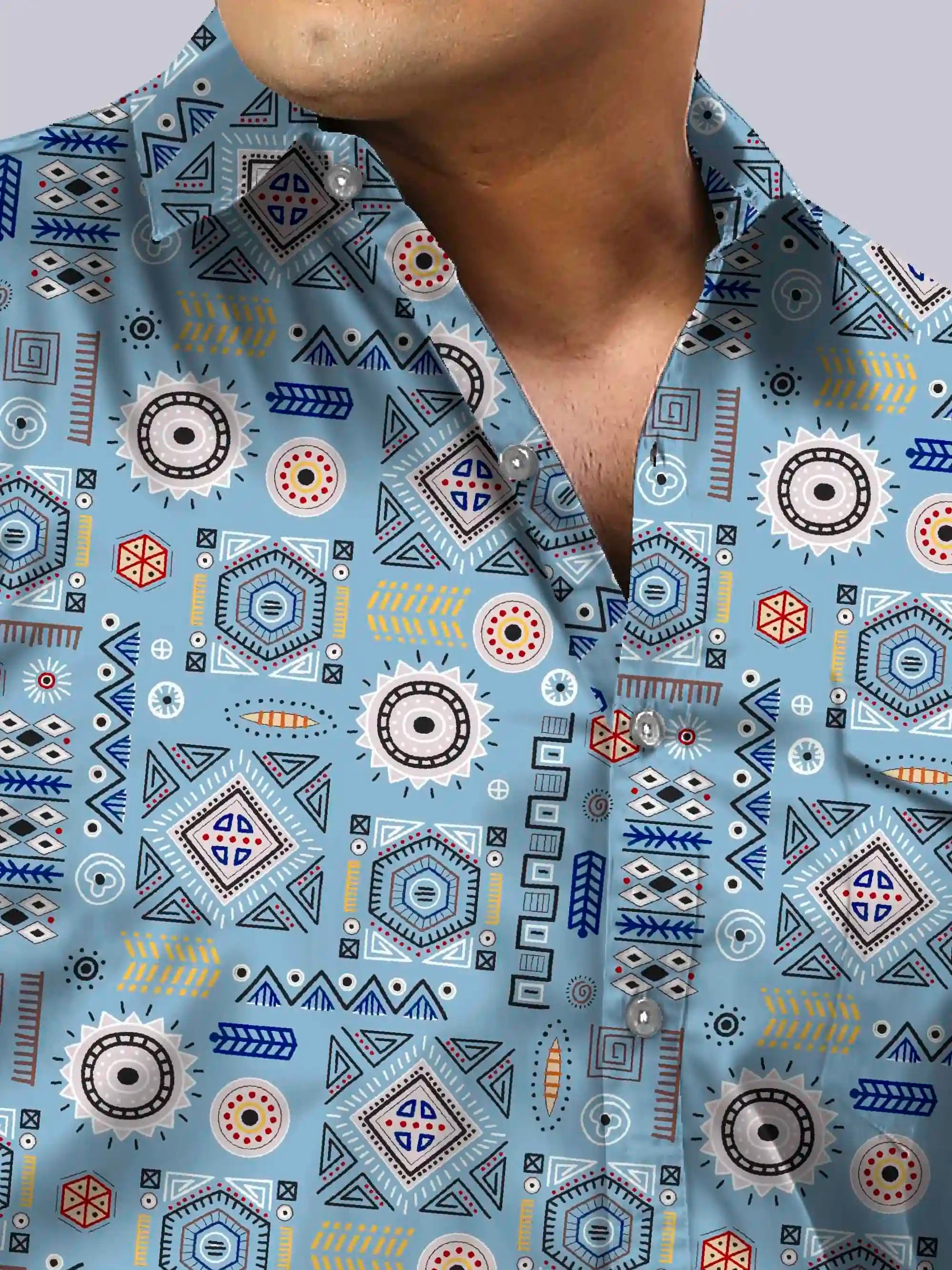Men's Plus Size African Arts Blue Digital Printed Linen Full Shirt