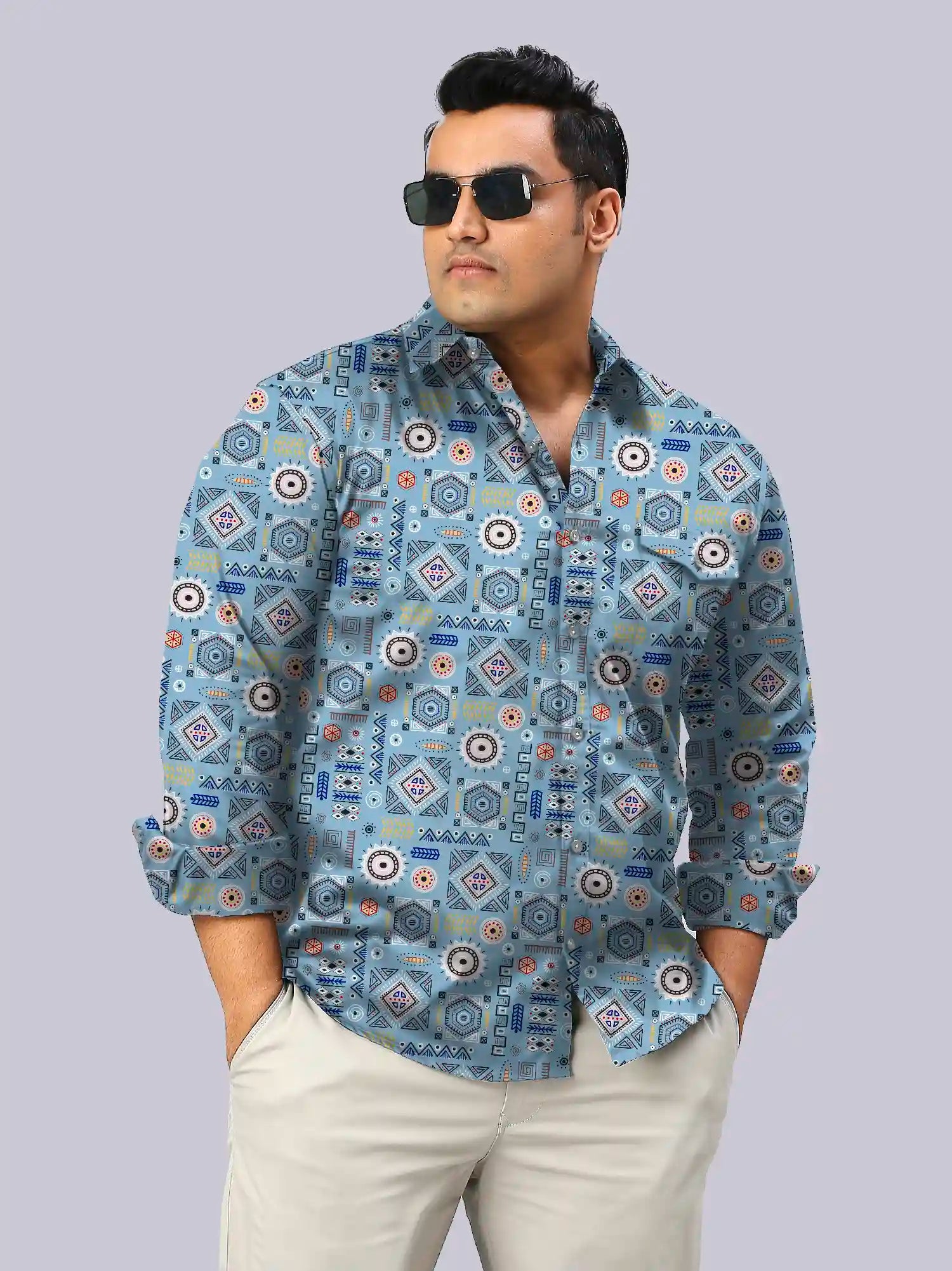 Men's Plus Size African Arts Blue Digital Printed Linen Full Shirt