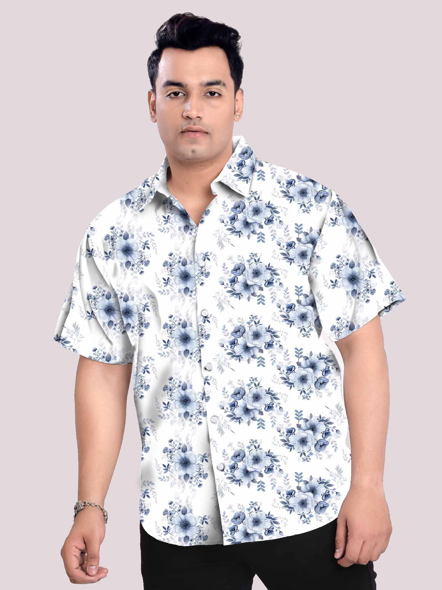 Blue Bloom Linen Printed Shirt Men's Plus Size  