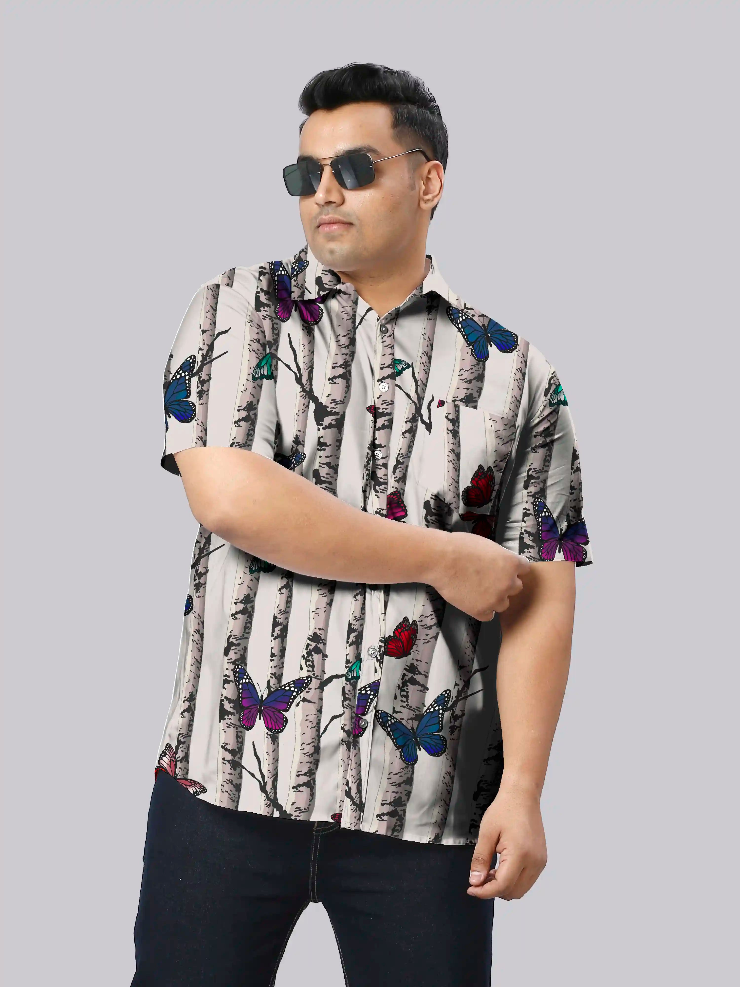 Flying Butterfly Linen Printed Shirt Men's Plus Size