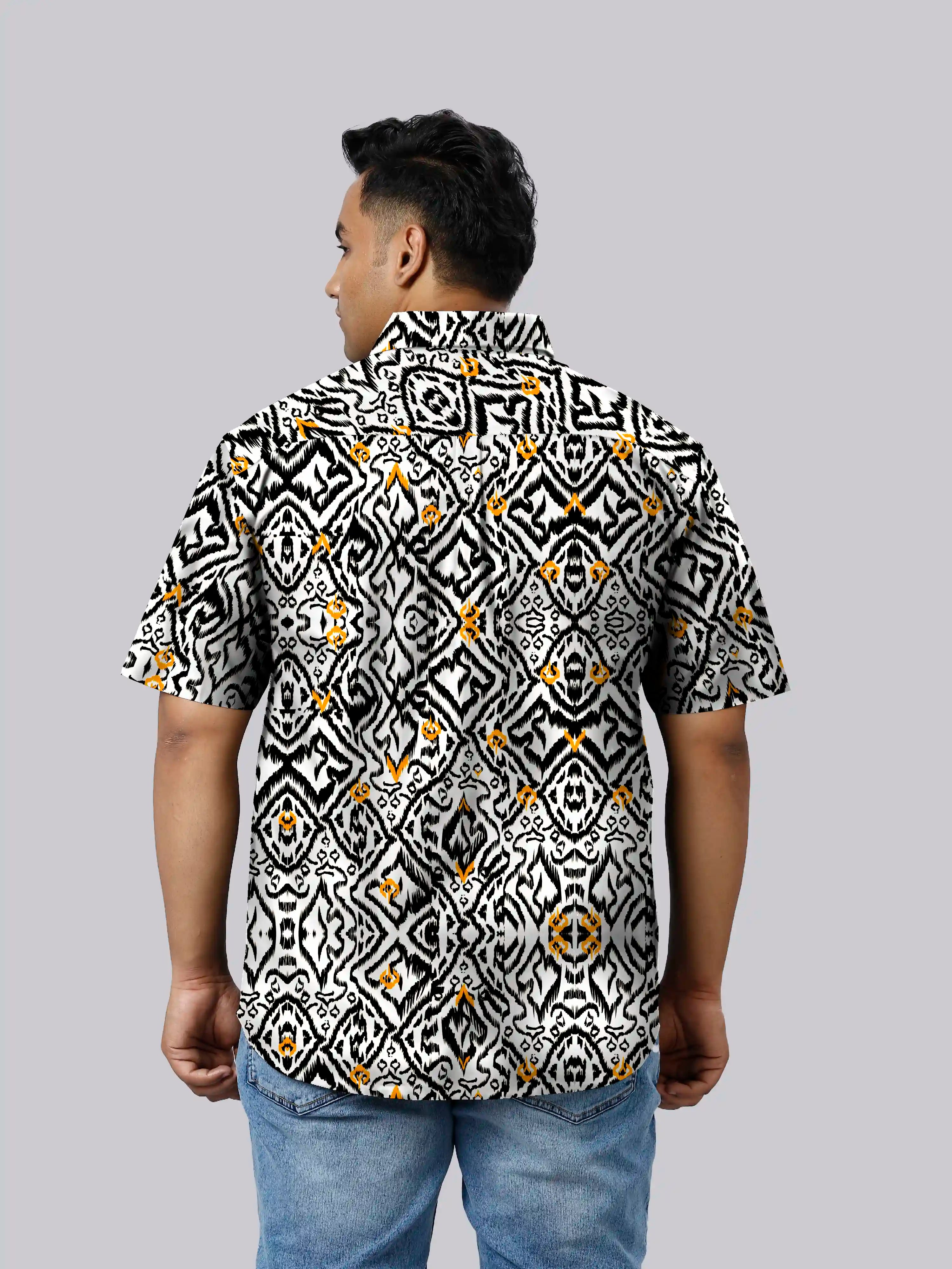 Geometric Ikat Linen Printed Shirt Men's Plus Size