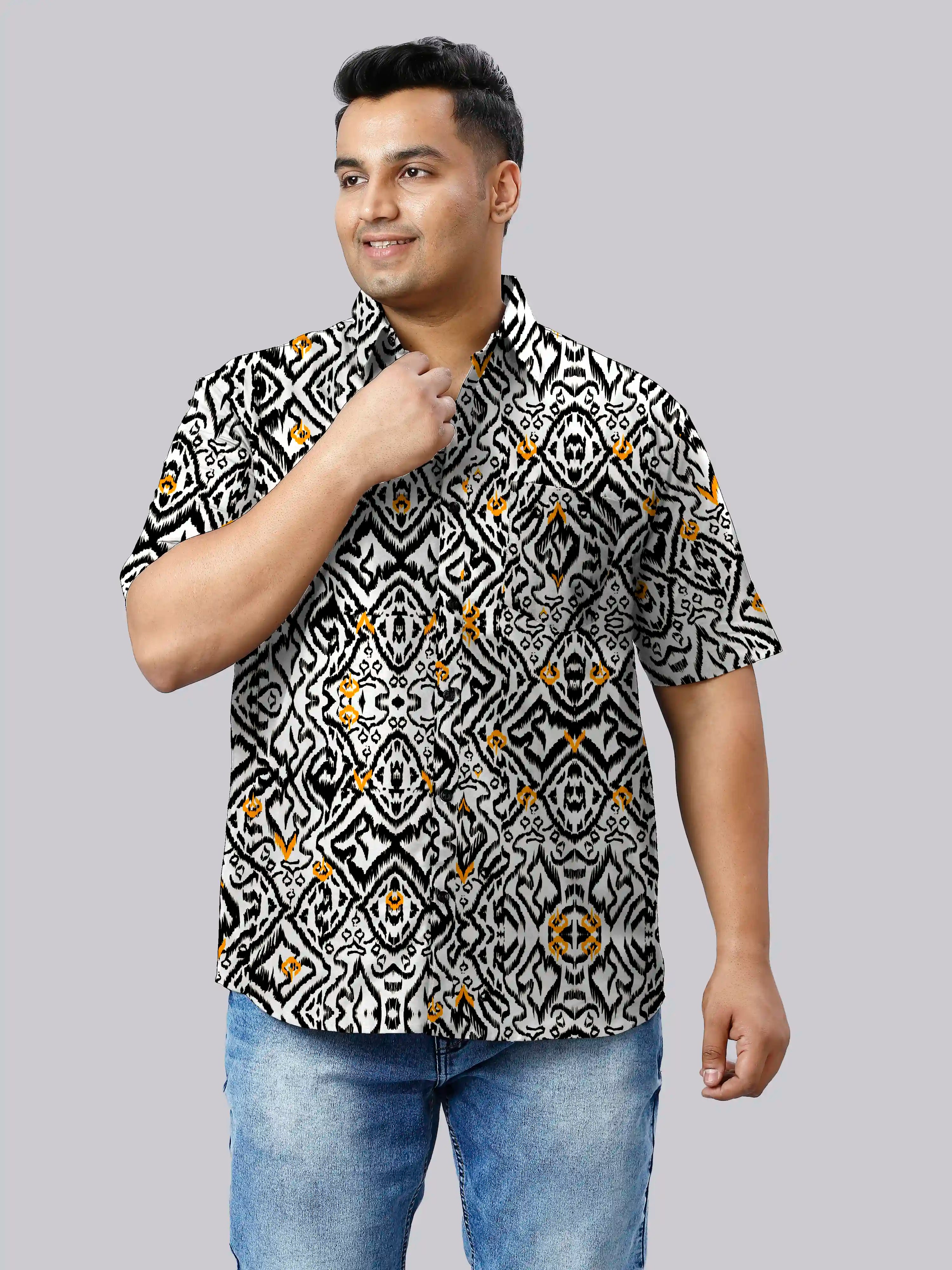 Geometric Ikat Linen Printed Shirt Men's Plus Size