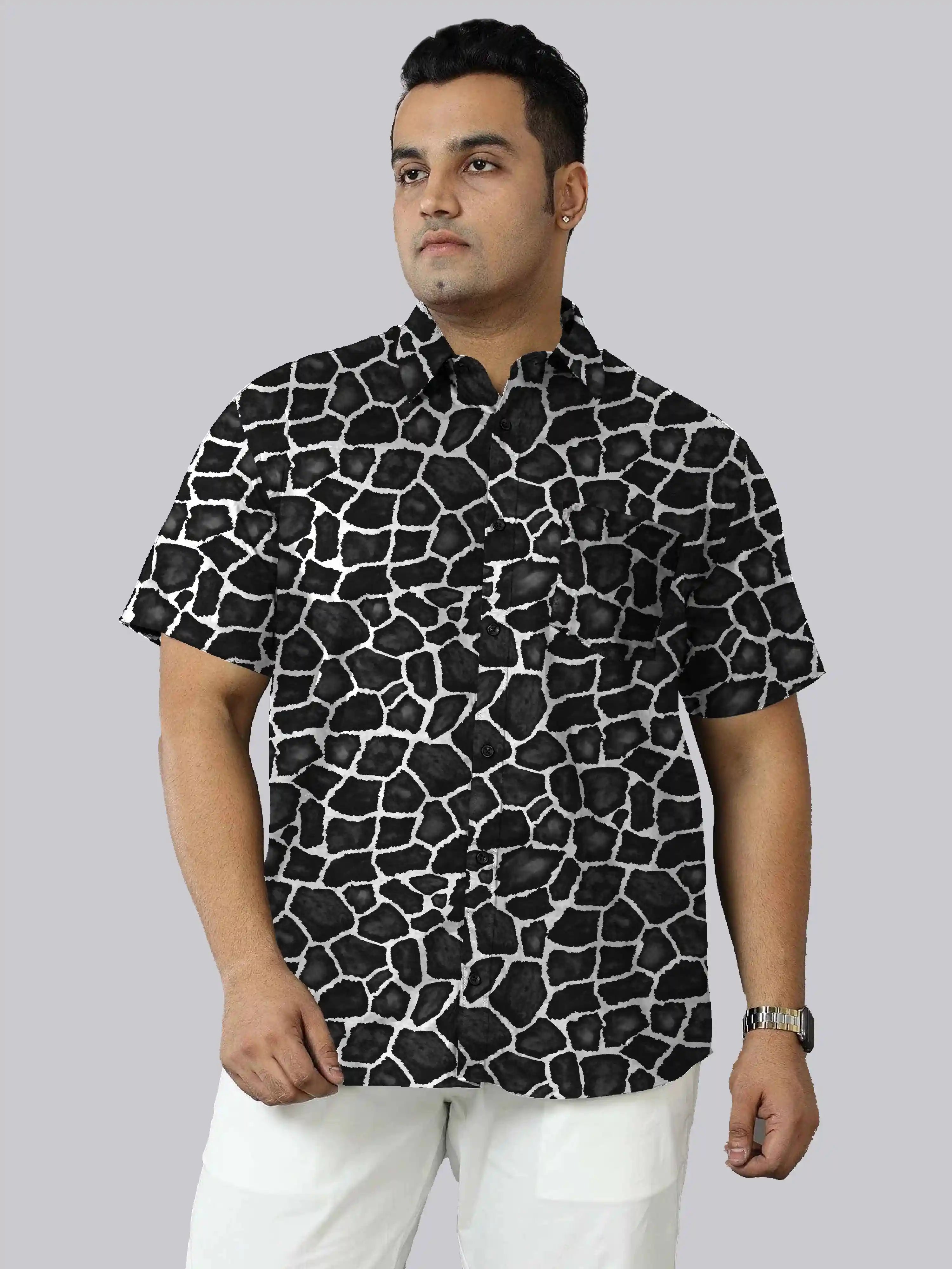 Giraffe Black Print Linen Printed Shirt Men's Plus Size