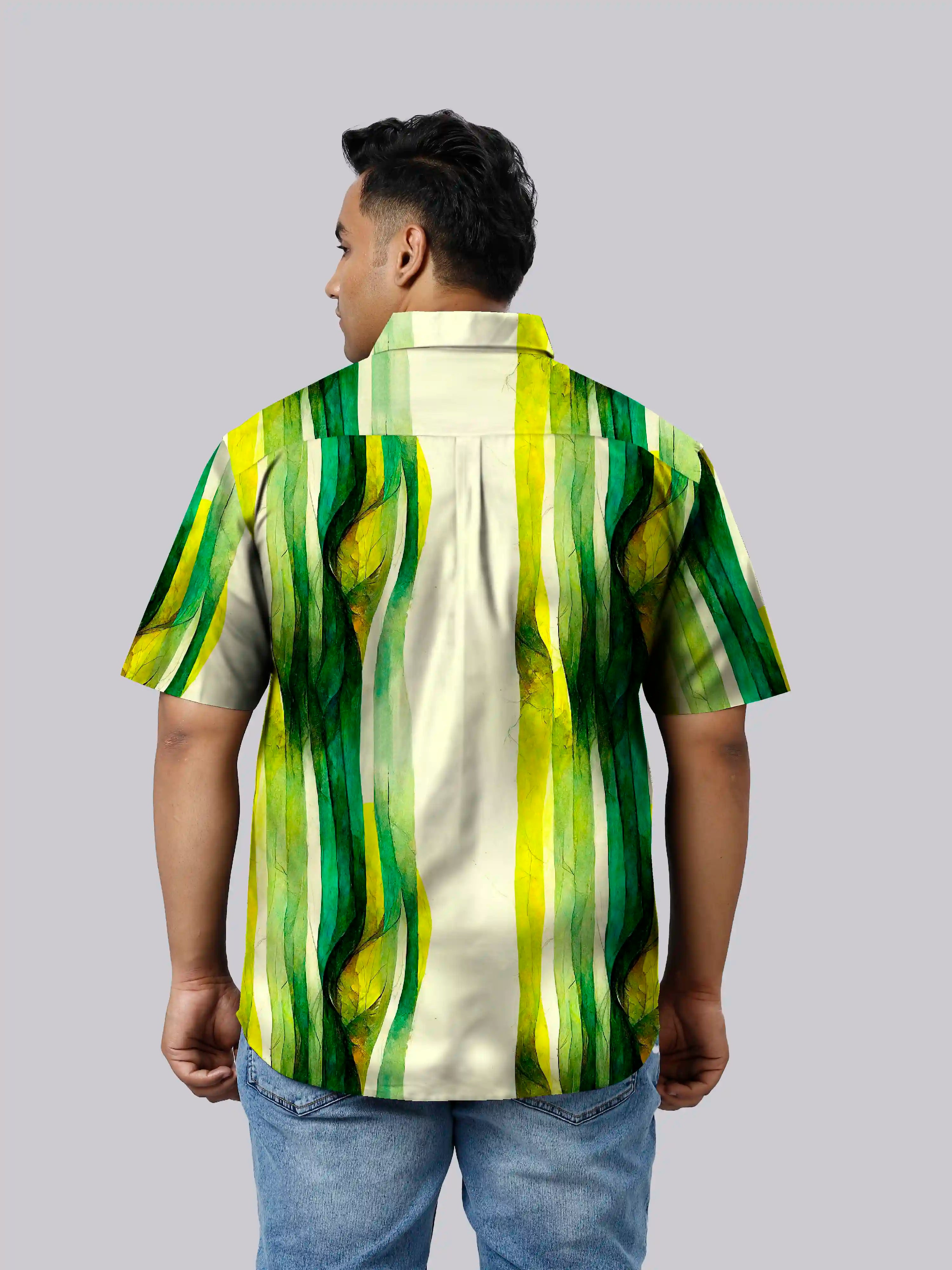 Green Abstract Printed Linen Printed Shirt Men's Plus Size