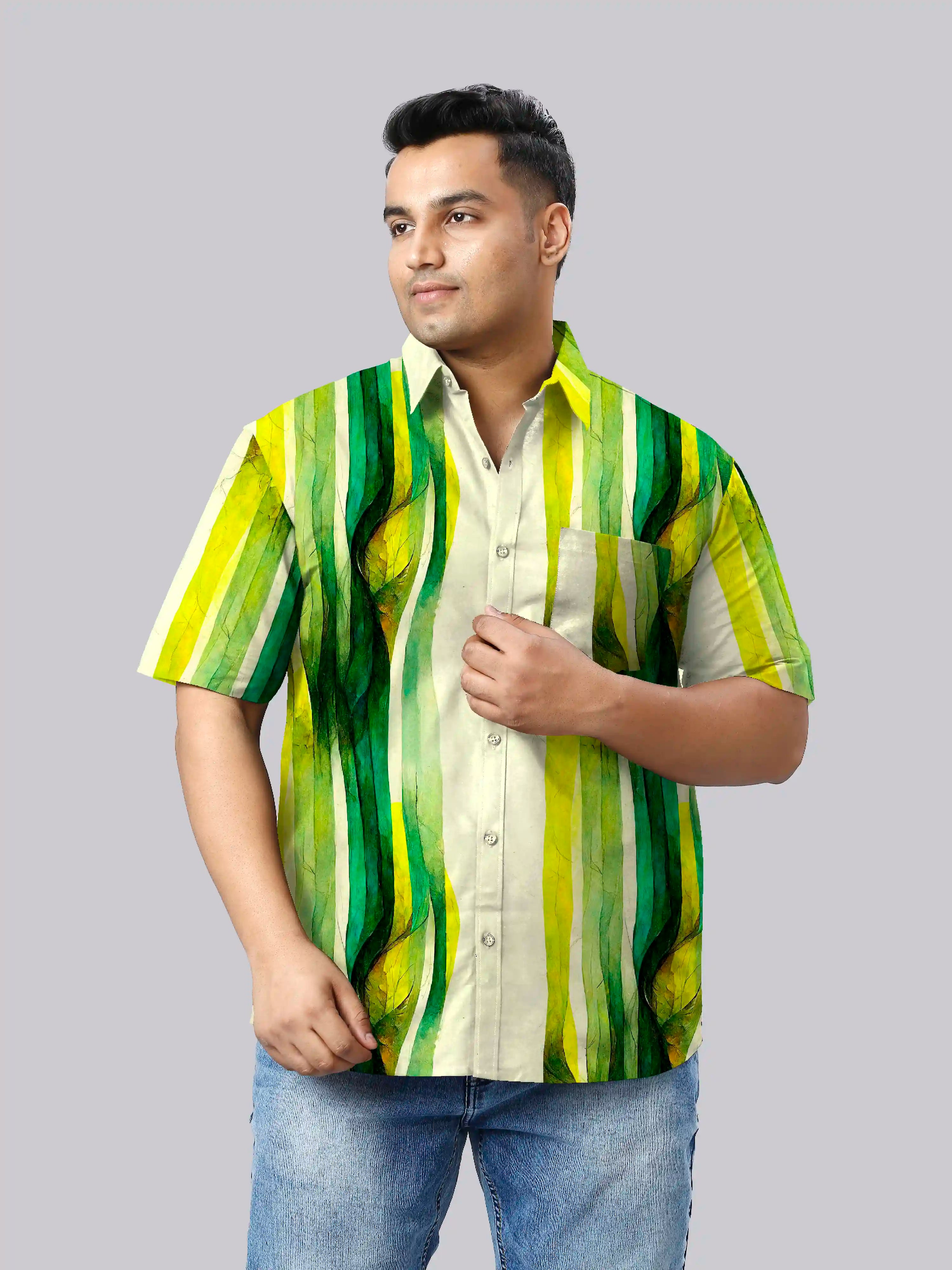Green Abstract Printed Linen Printed Shirt Men's Plus Size