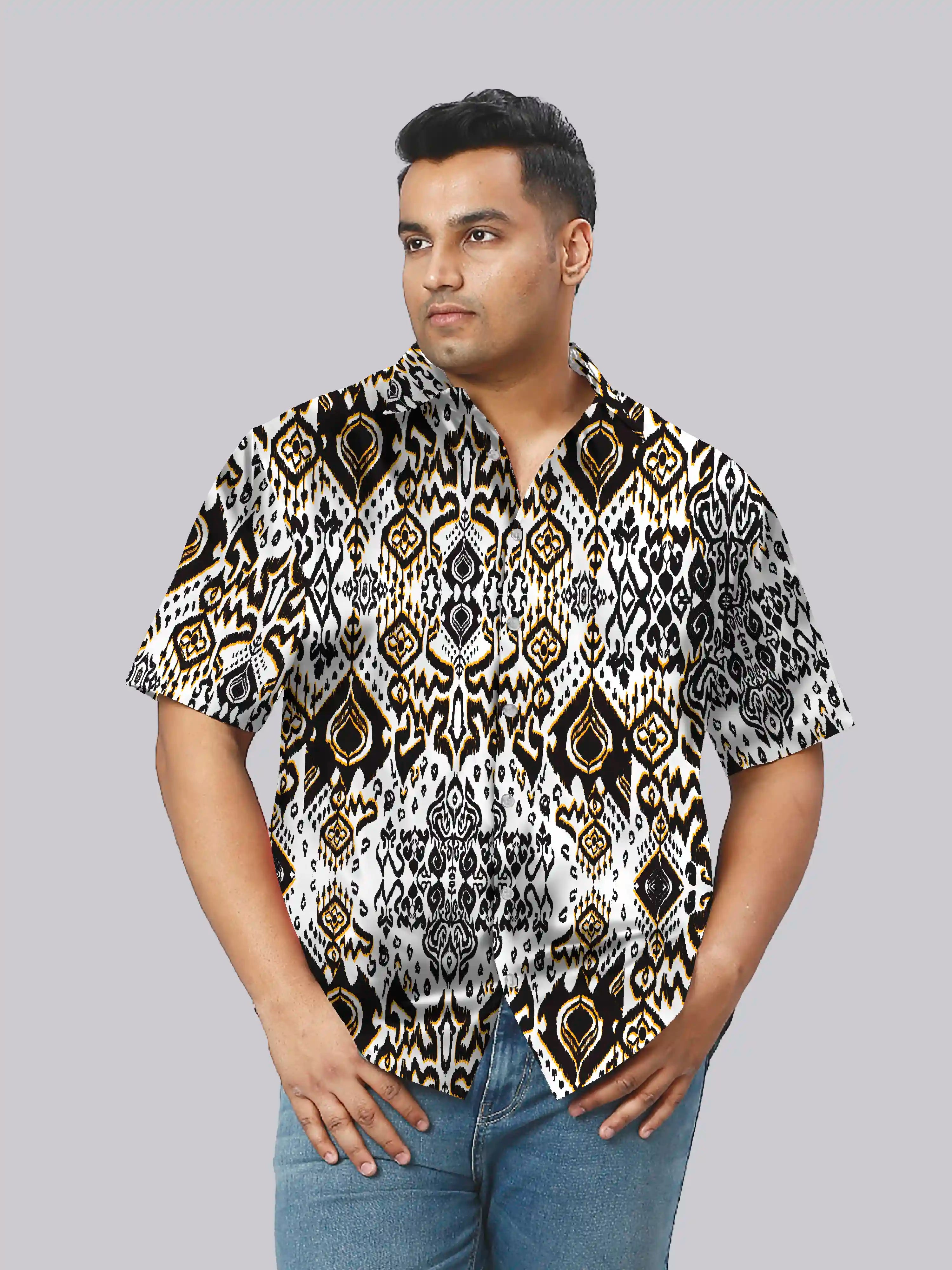 Indian Ikat Printed Linen Printed Shirt Men's Plus Size