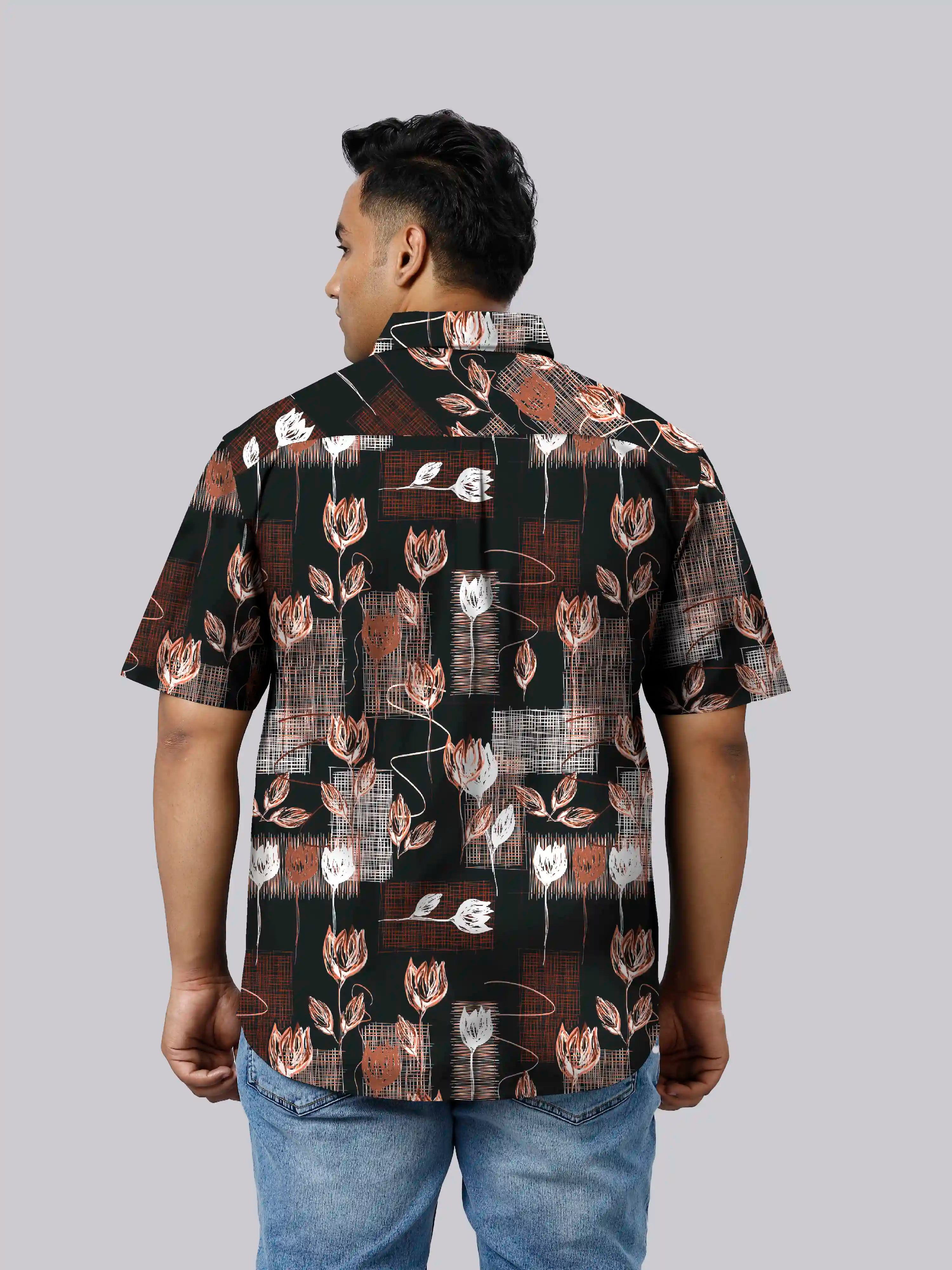 Lotuses Sketch Printed Linen Printed Shirt Men's Plus Size