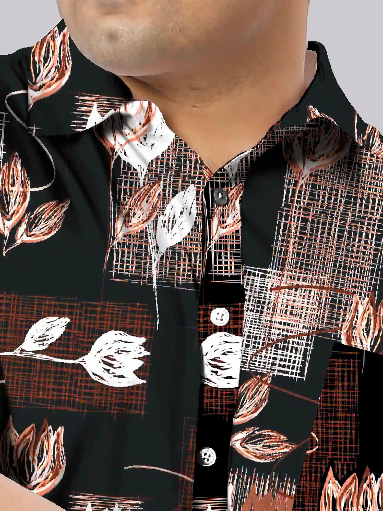 Lotuses Sketch Printed Linen Printed Shirt Men's Plus Size