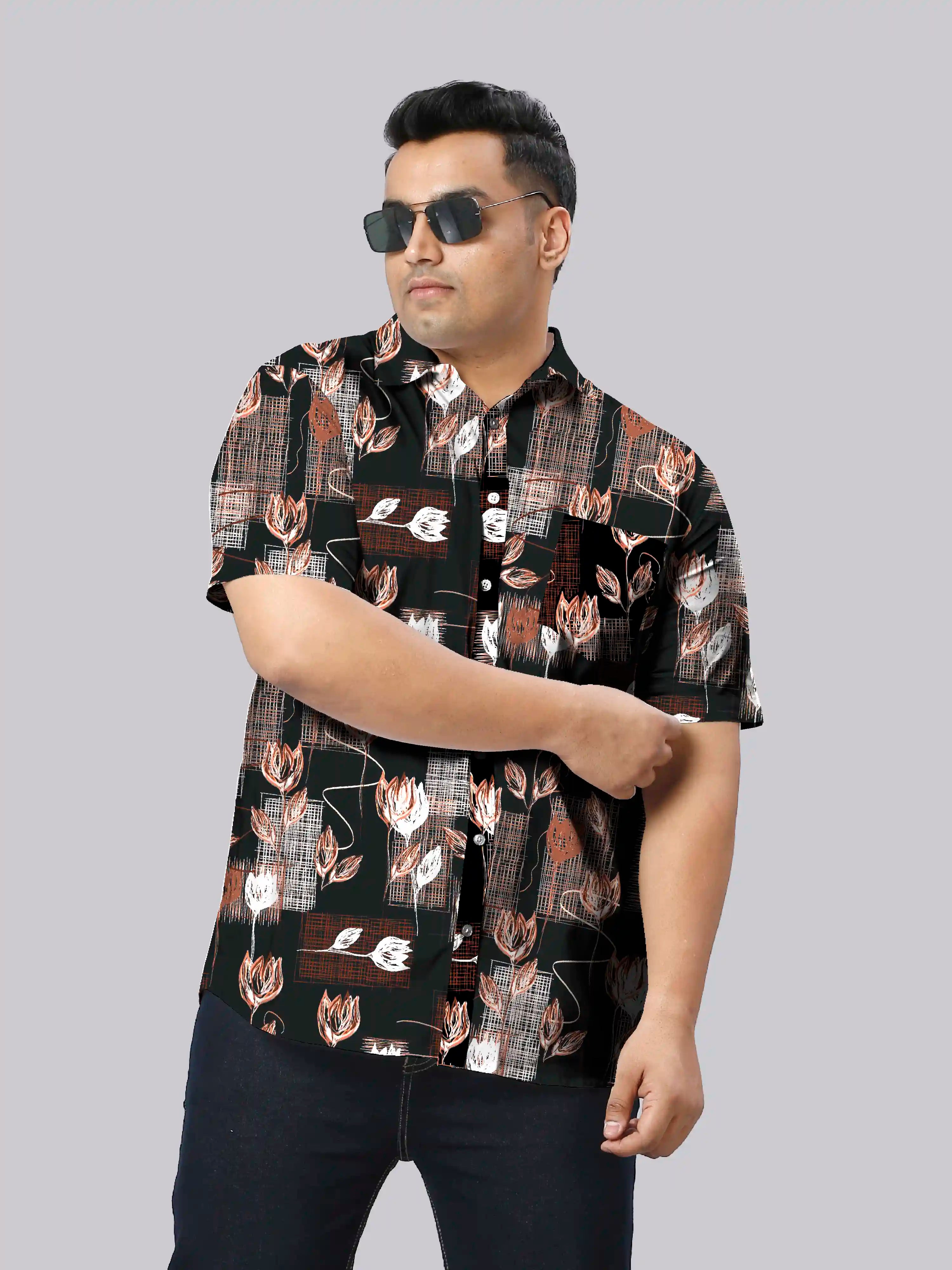 Lotuses Sketch Printed Linen Printed Shirt Men's Plus Size