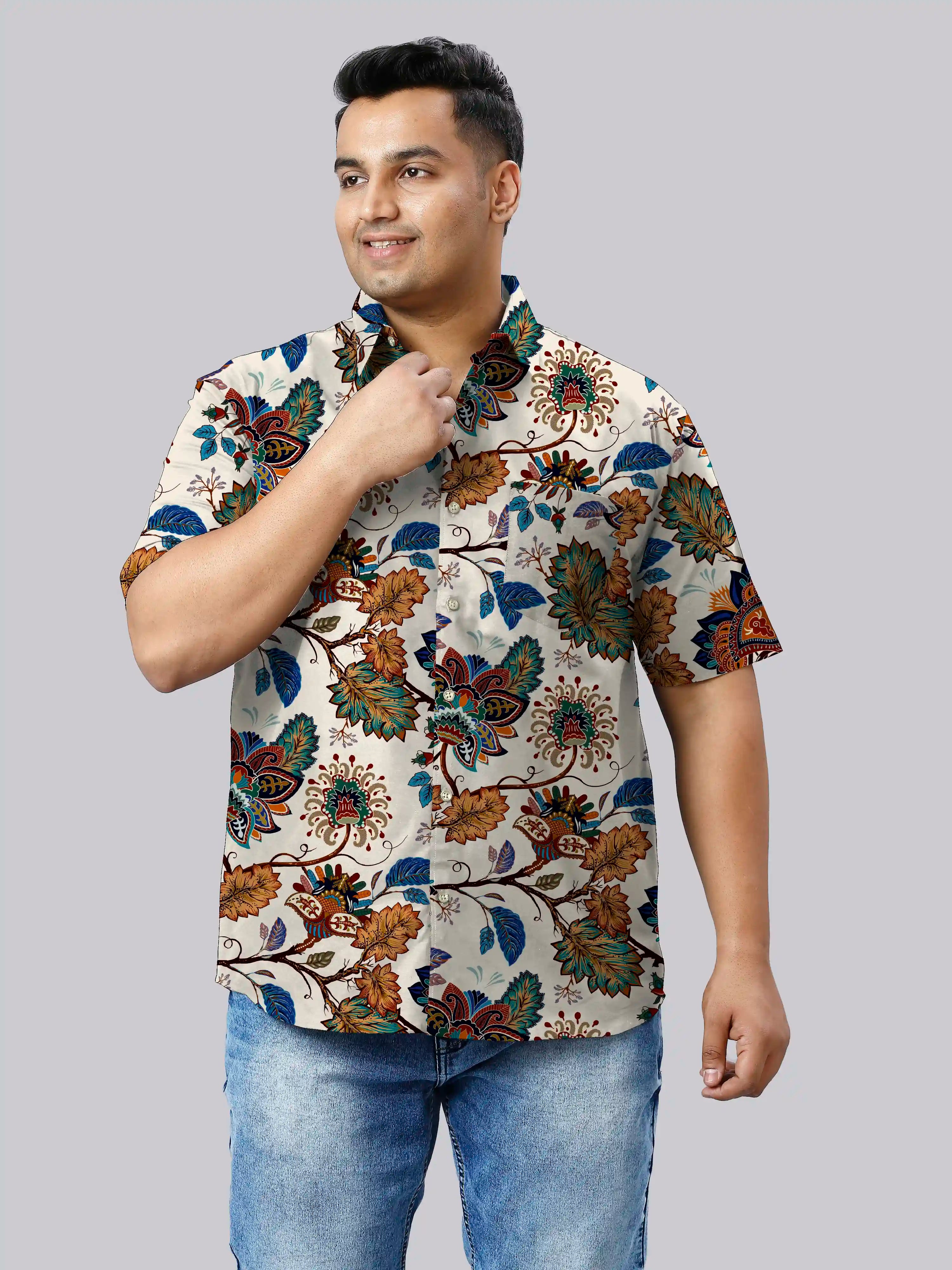 Stick Floral Printed Linen Printed Shirt Men's Plus Size