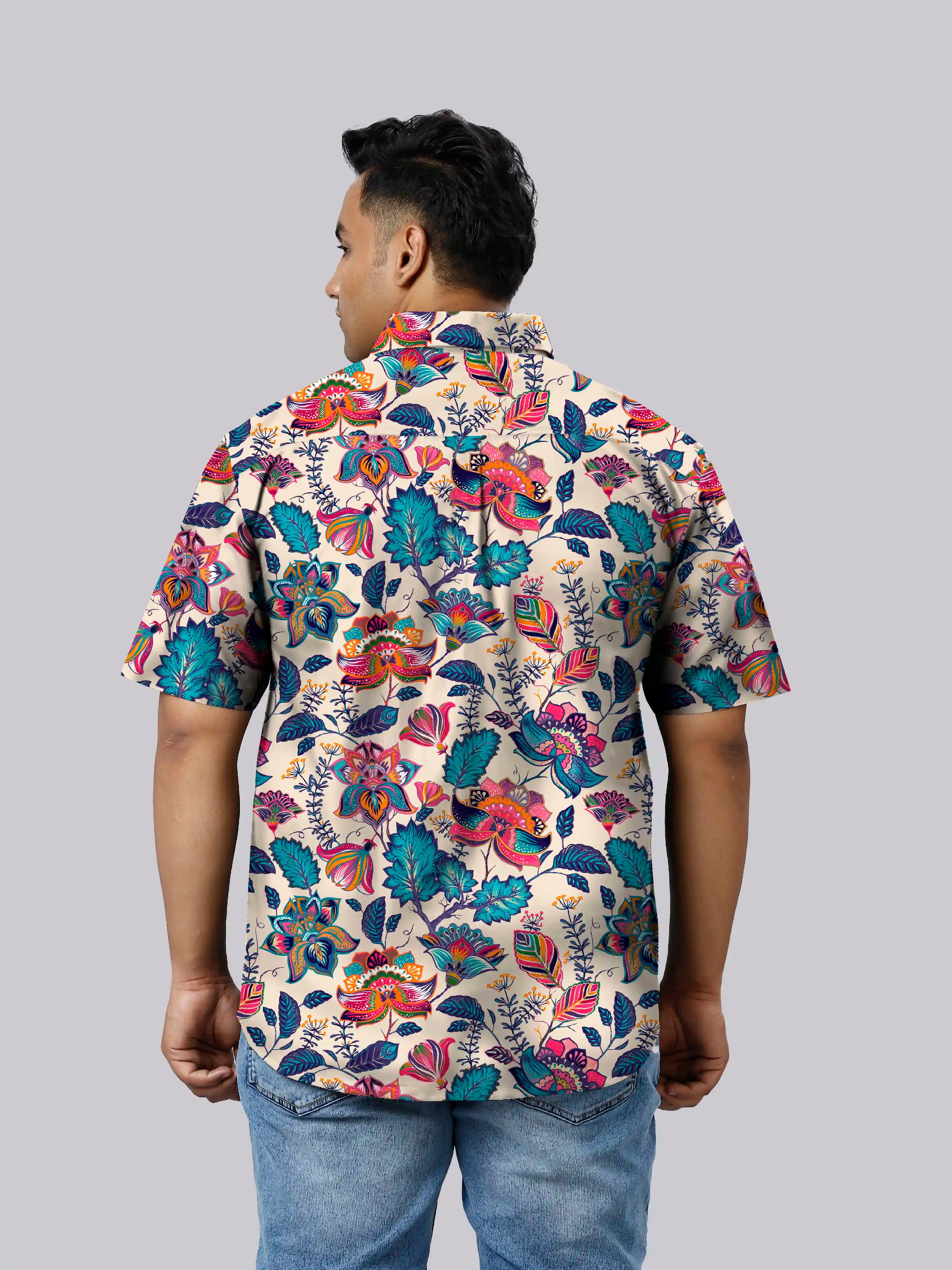 Charming Flowers Printed Linen Printed Shirt Men's Plus Size