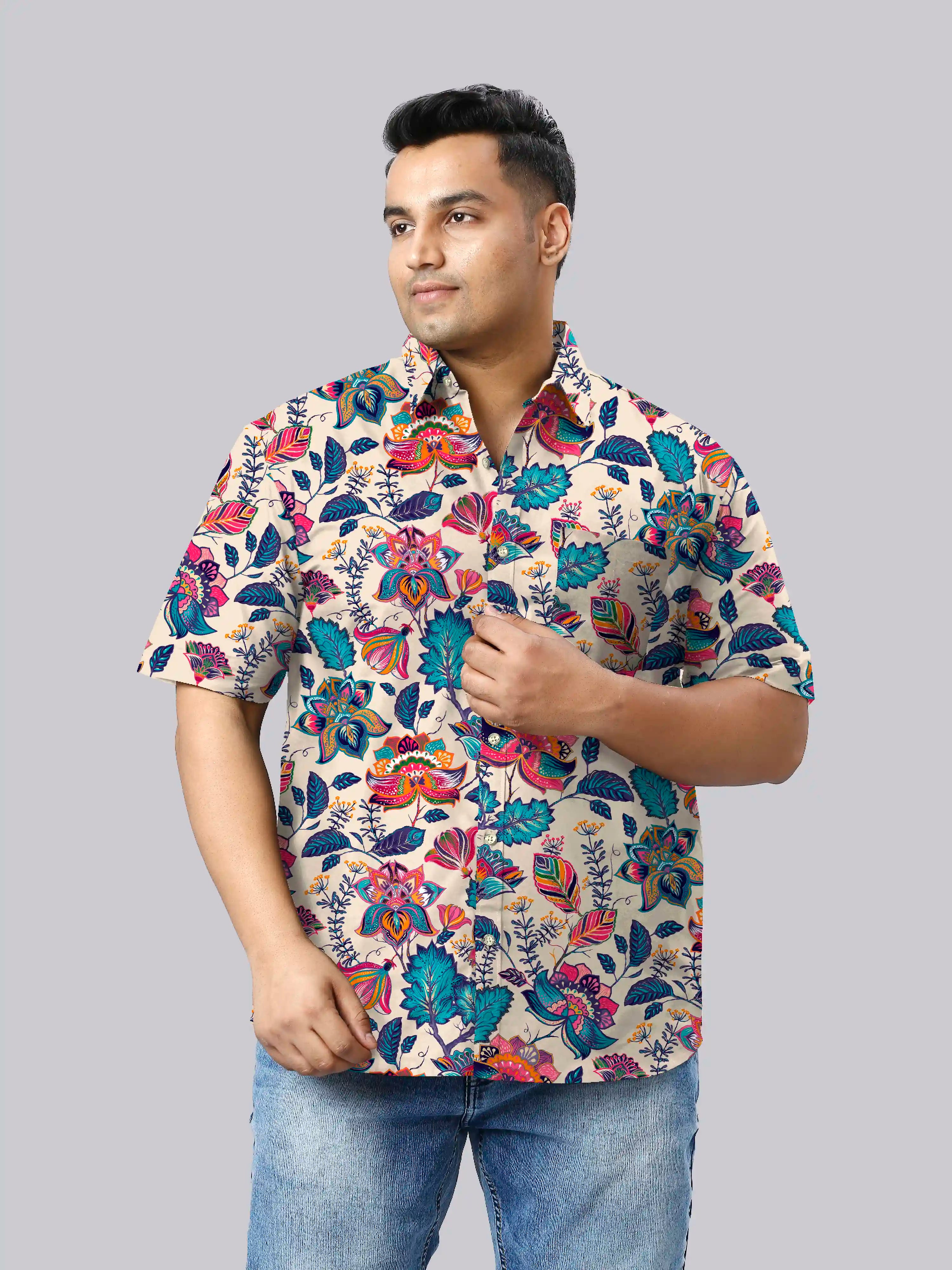 Charming Flowers Printed Linen Printed Shirt Men's Plus Size