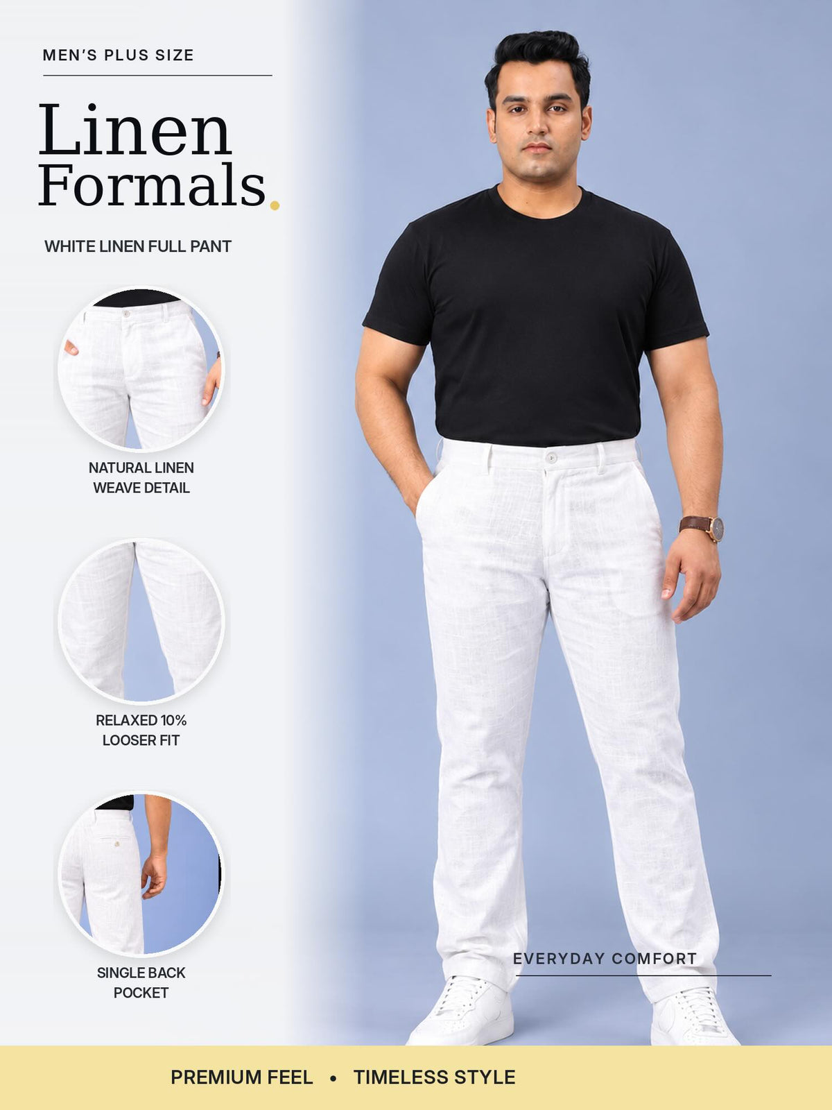 White Pure Linen Men's Plus Size Full Pant