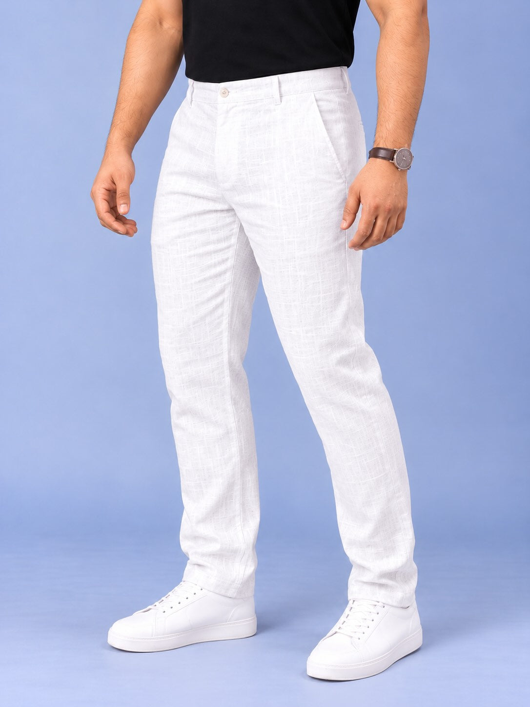 White Pure Linen Men's Plus Size Full Pant