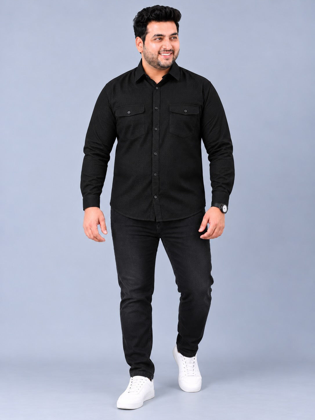 Black Linen Men's Plus Size Double Pocket Full Sleeve Shirt