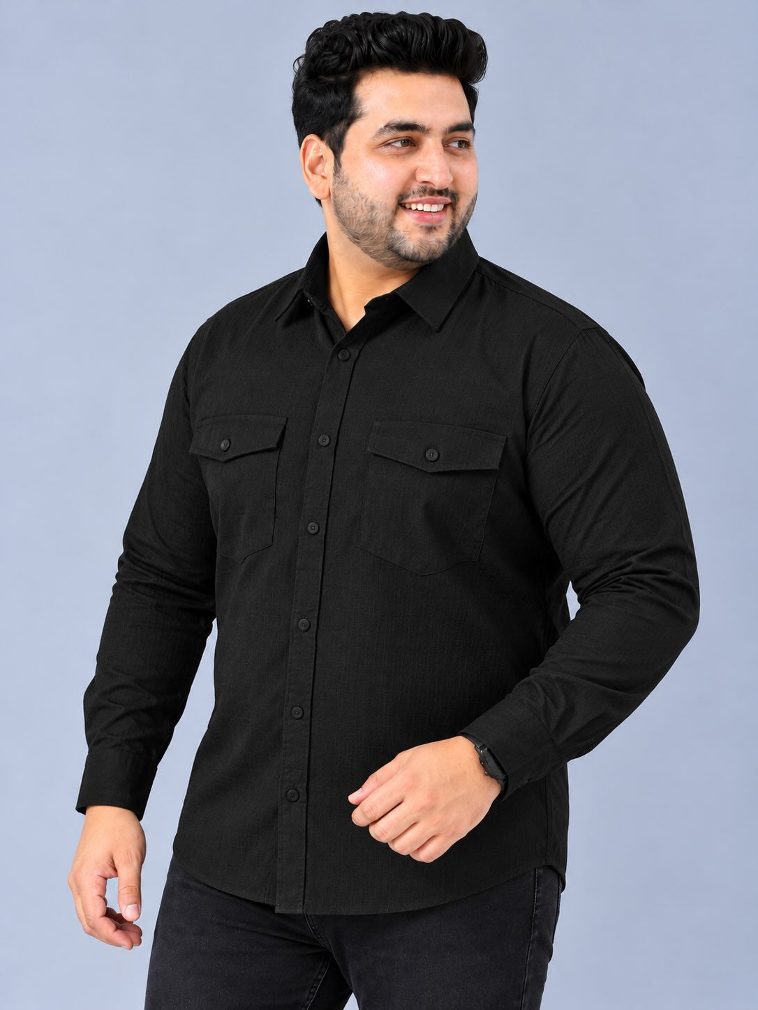 Black Linen Men's Plus Size Double Pocket Full Sleeve Shirt