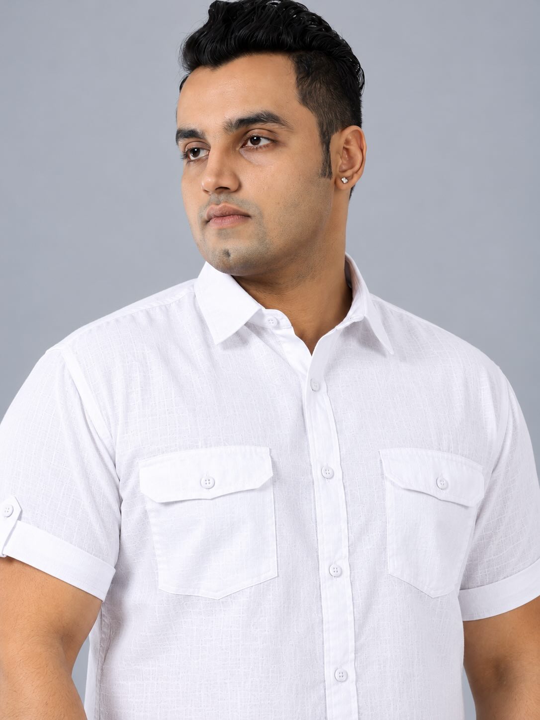 White Linen Men's Plus Size Double Pocket Half Sleeve Shirt