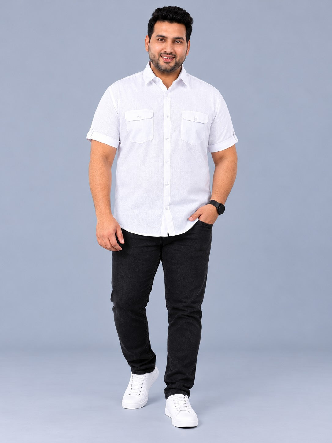 White Linen Men's Plus Size Double Pocket Half Sleeve Shirt