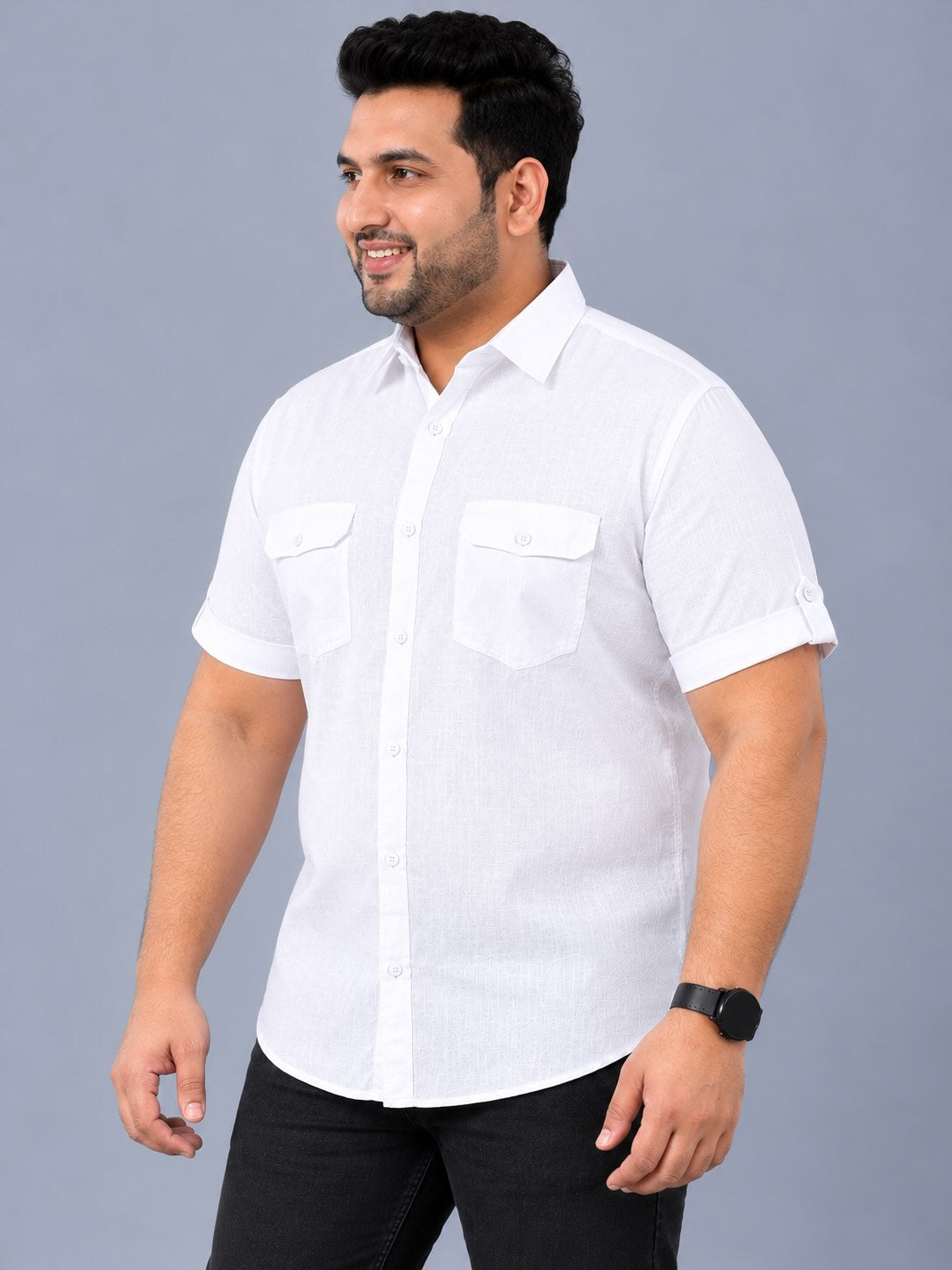 White Linen Men's Plus Size Double Pocket Half Sleeve Shirt