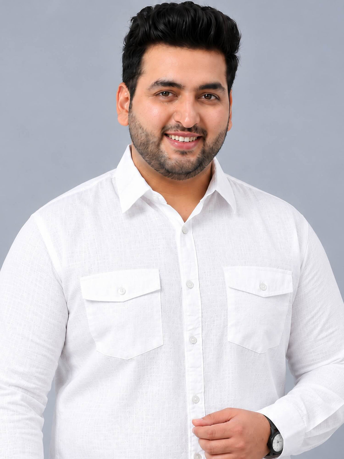 White Linen Men's Plus Size Double Pocket Full Sleeve Shirt