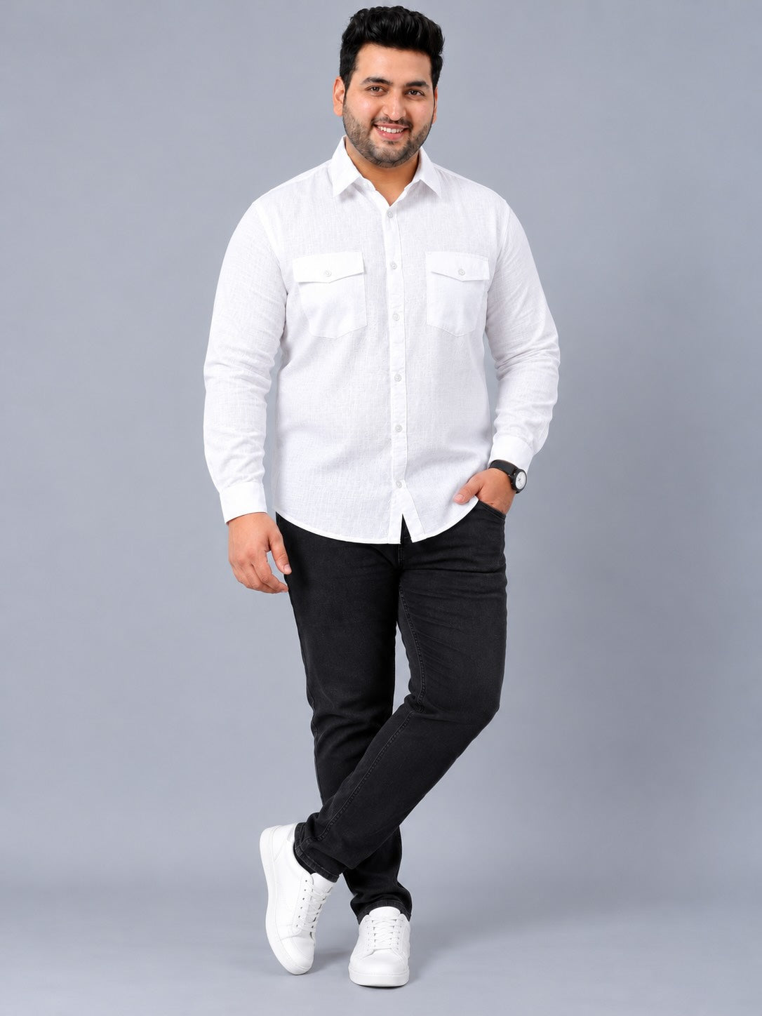 White Linen Men's Plus Size Double Pocket Full Sleeve Shirt