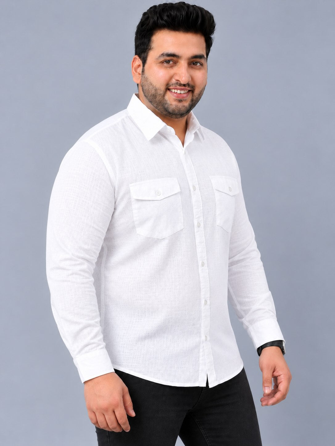 White Linen Men's Plus Size Double Pocket Full Sleeve Shirt