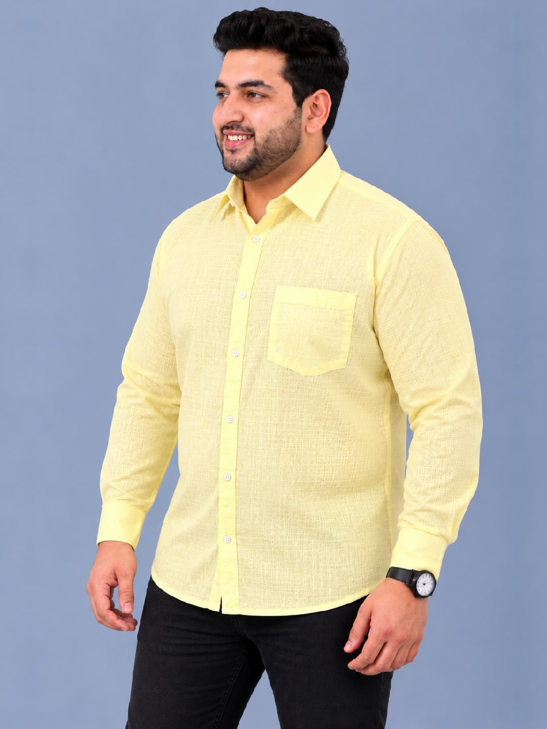 Yellow Linen Men’s Plus Size Full Sleeve Shirt