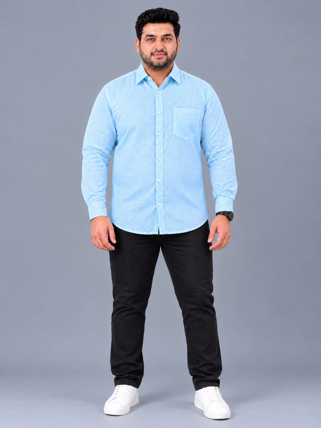 Light Blue Linen Men’s Plus Size Full Sleeve Shirt
