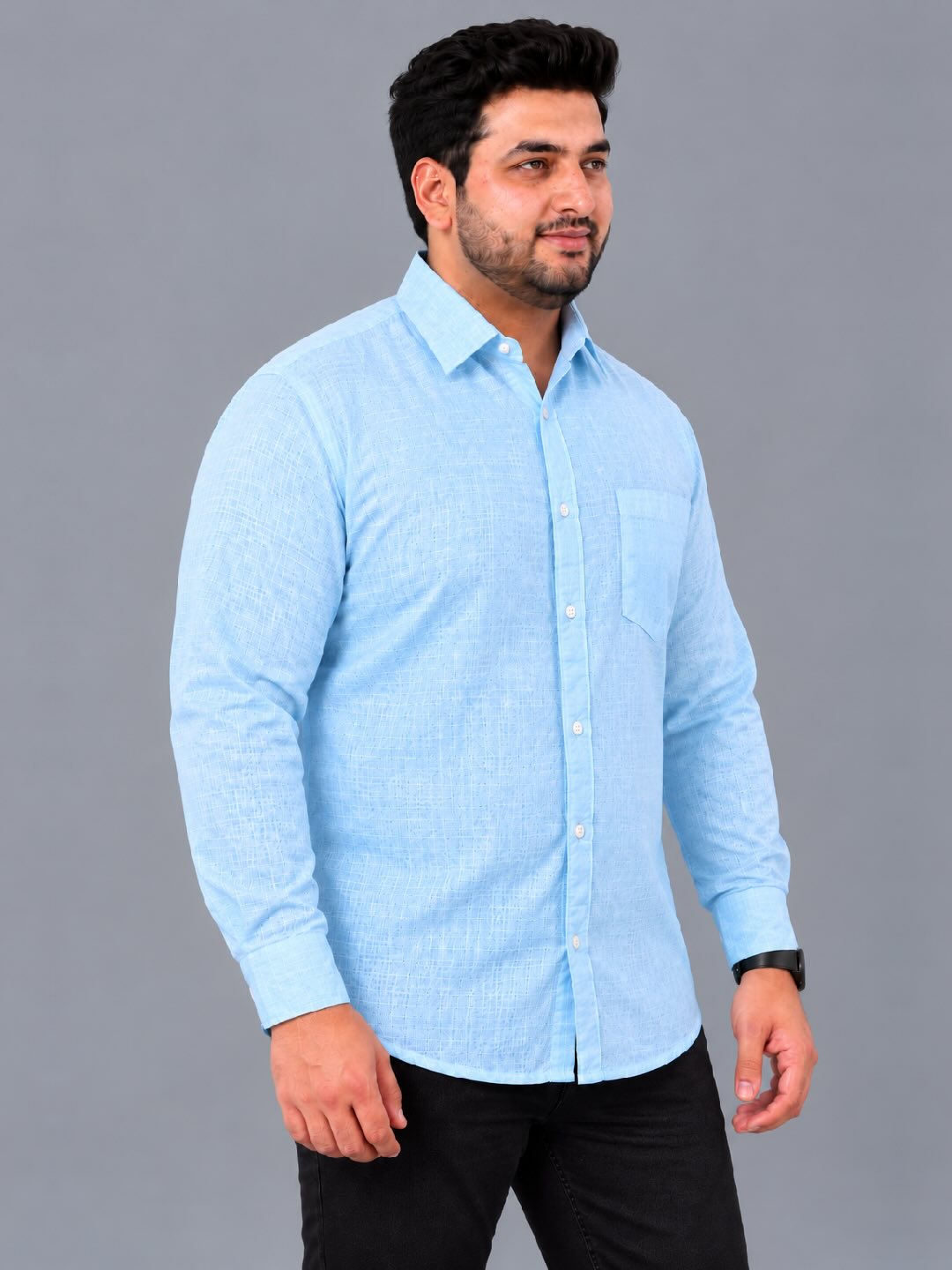 Light Blue Linen Men’s Plus Size Full Sleeve Shirt
