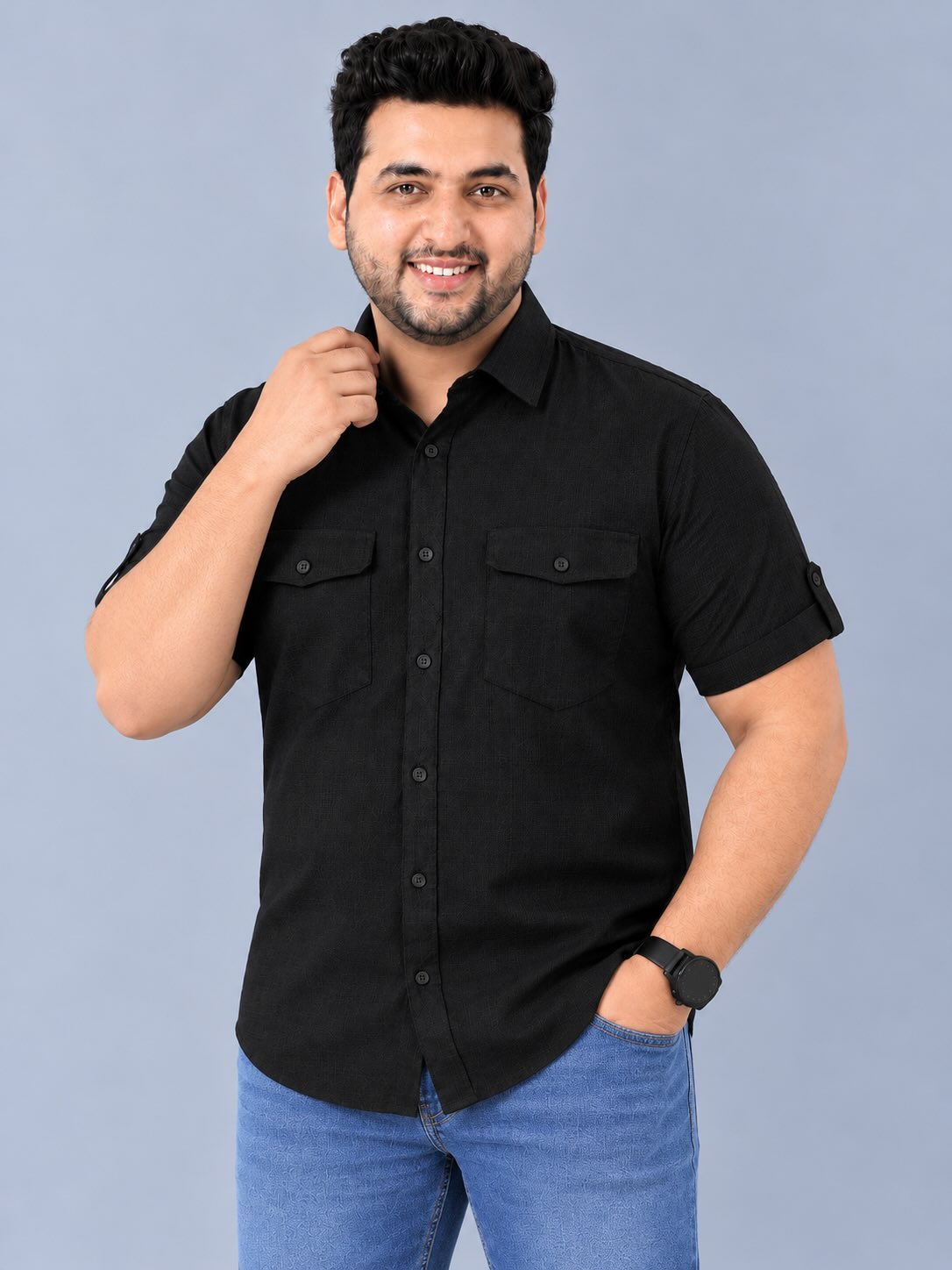 Black Linen Men's Plus Size Double Pocket Half Sleeve Shirt