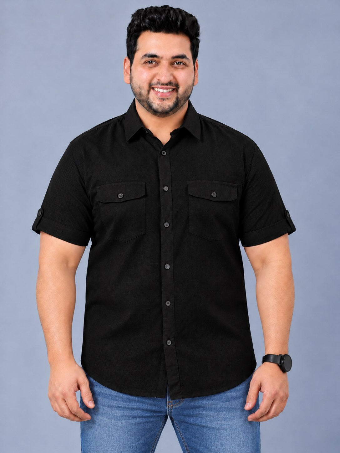 Black Linen Men's Plus Size Double Pocket Half Sleeve Shirt
