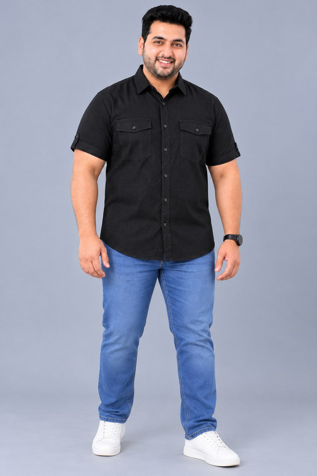 Black Linen Men's Plus Size Double Pocket Half Sleeve Shirt