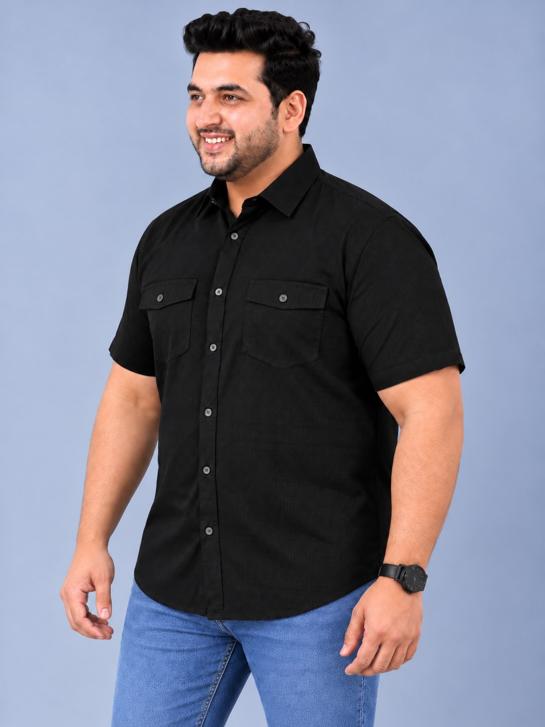 Black Linen Men's Plus Size Double Pocket Half Sleeve Shirt