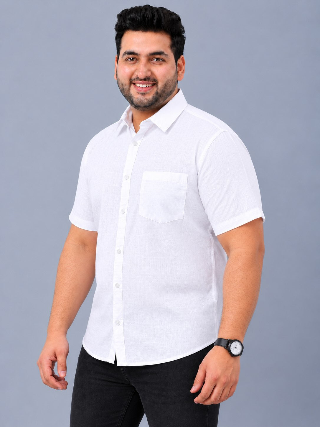 White Linen Men's Plus Size Half Sleeve Shirt