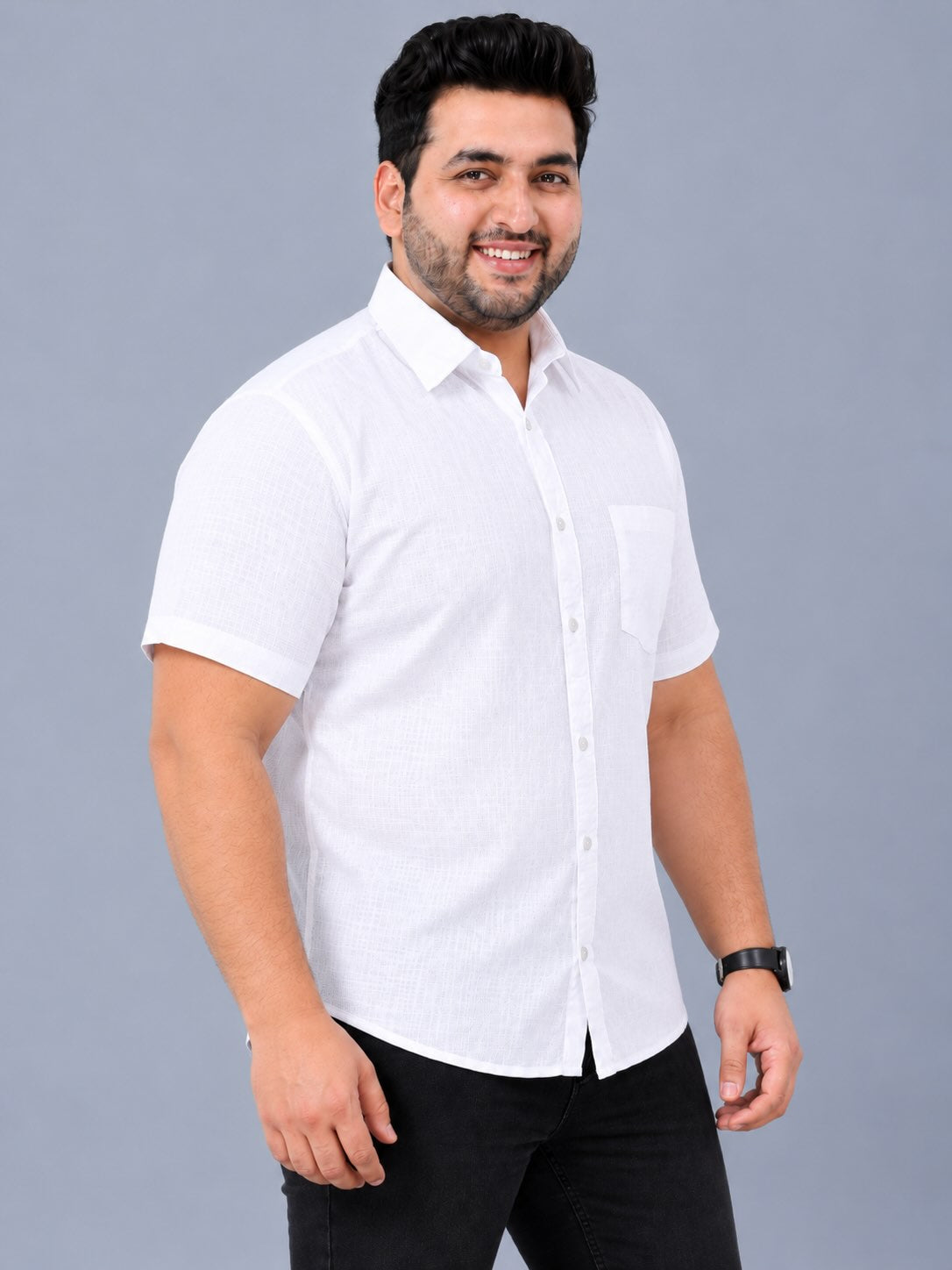 White Linen Men's Plus Size Half Sleeve Shirt