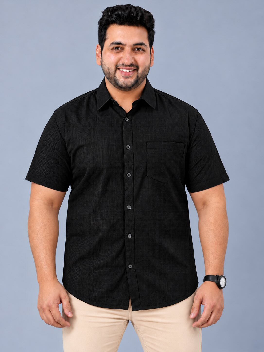 Black Linen Men's Plus Size Half Sleeve Shirt