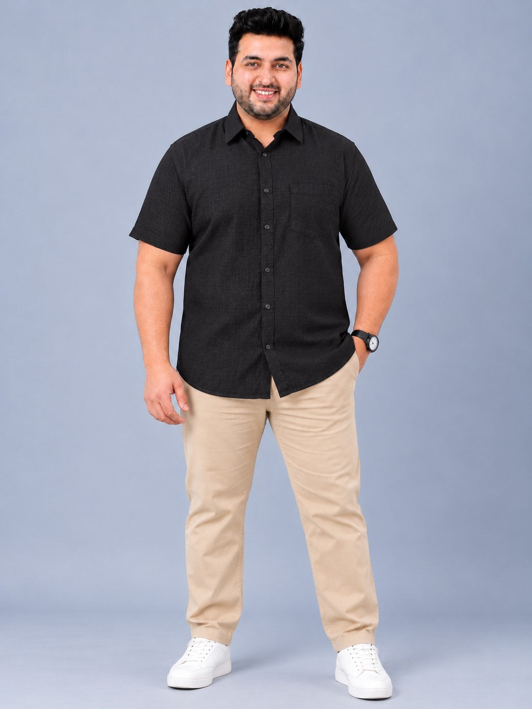 Black Linen Men's Plus Size Half Sleeve Shirt