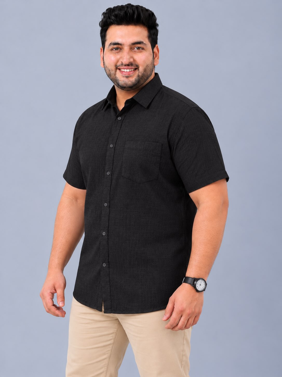 Black Linen Men's Plus Size Half Sleeve Shirt