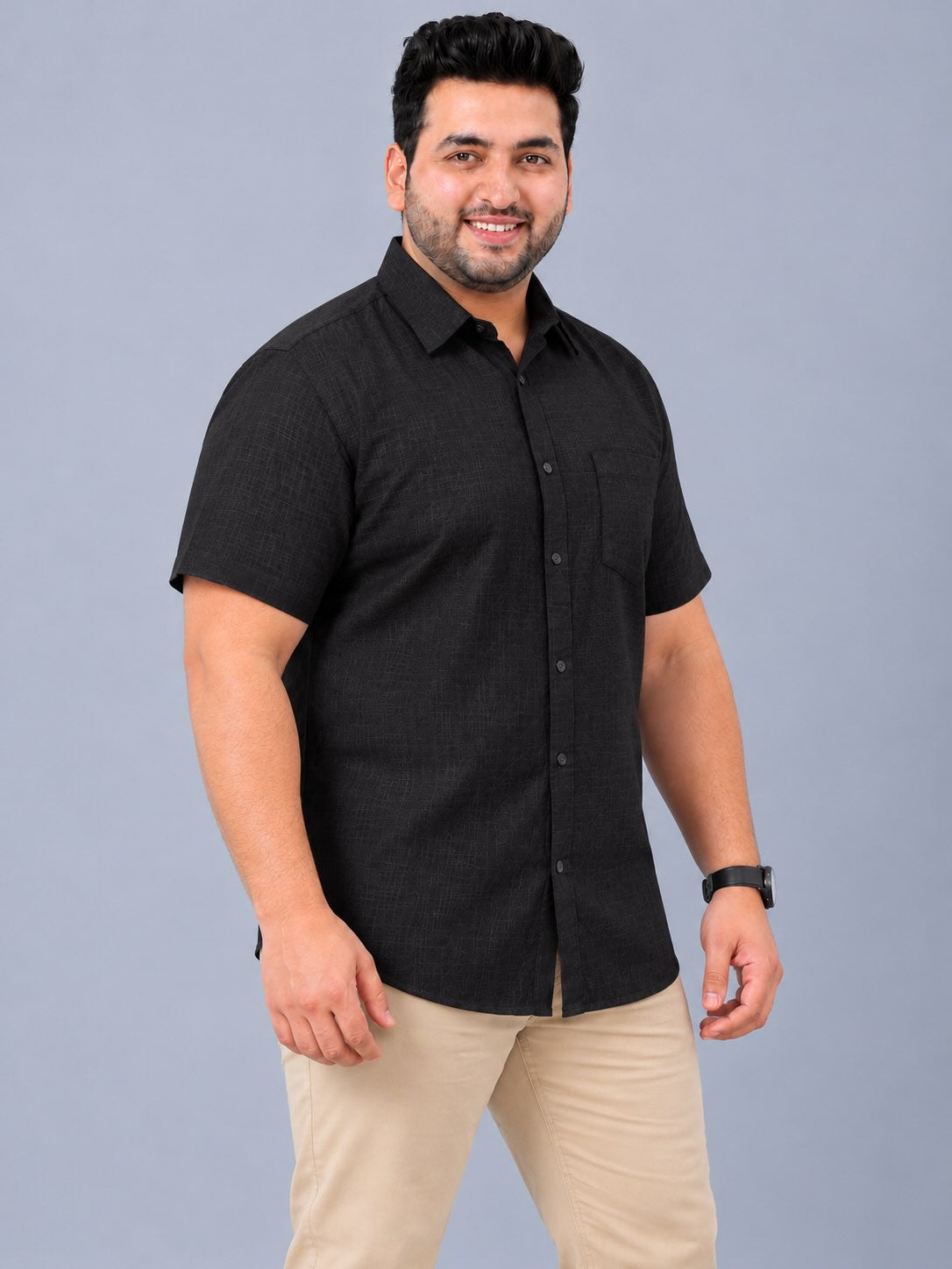 Black Linen Men's Plus Size Half Sleeve Shirt