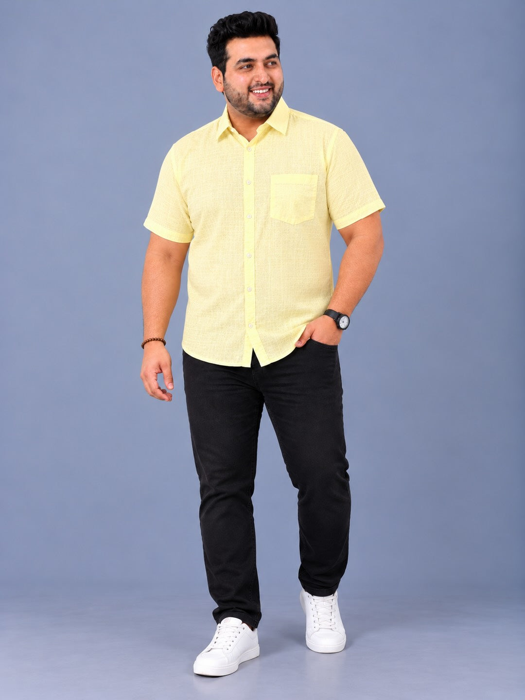 Yellow Linen Men's Plus Size Half Sleeve Shirt