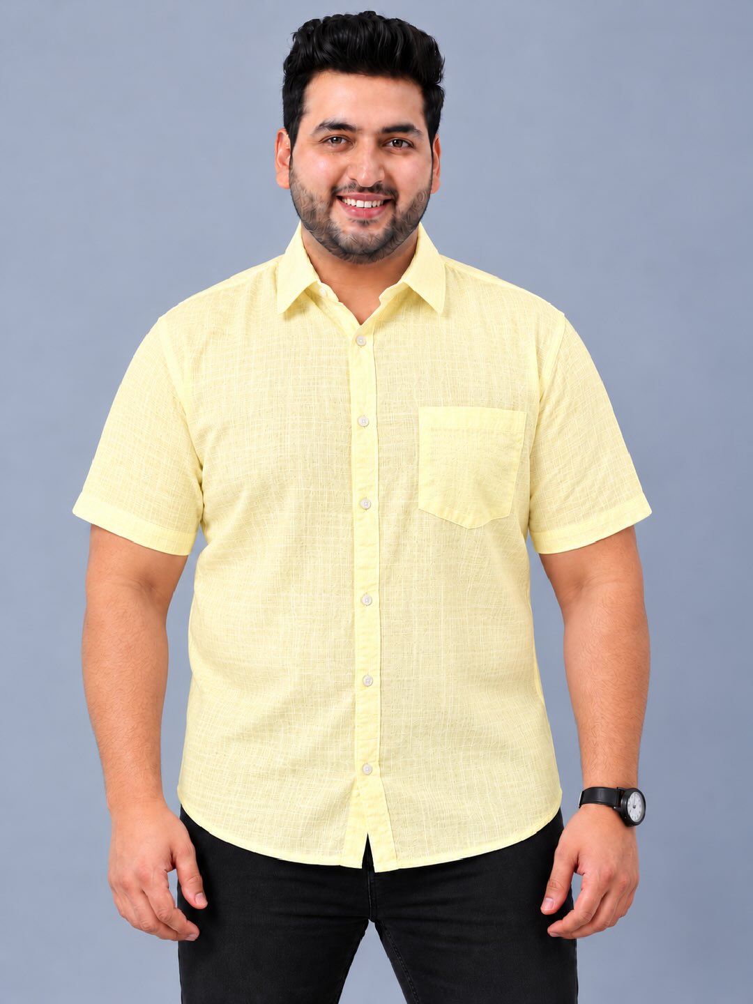 Yellow Linen Men's Plus Size Half Sleeve Shirt
