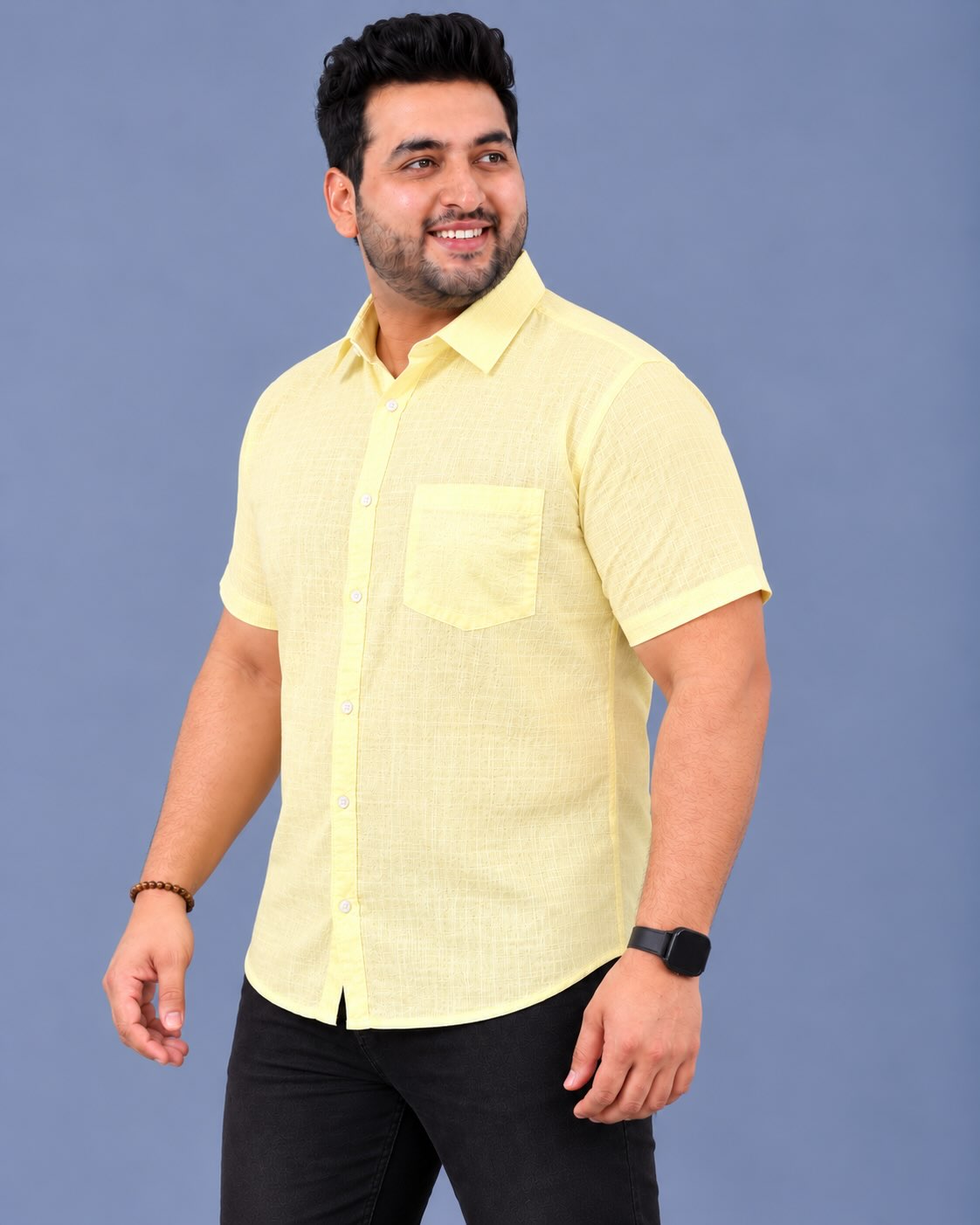 Yellow Linen Men's Plus Size Half Sleeve Shirt