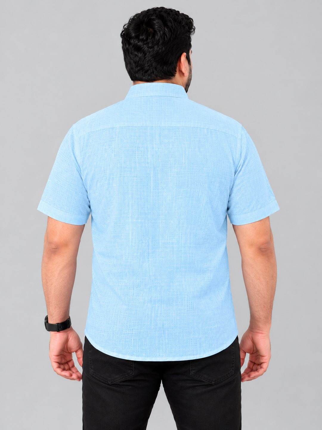 Light Blue Linen Men's Plus Size Half Sleeve Shirt