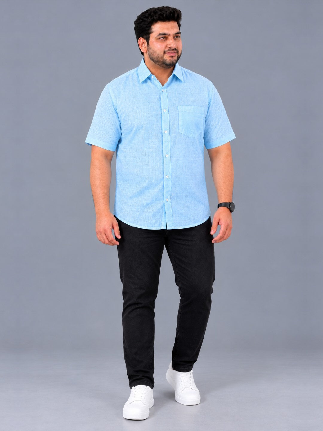 Light Blue Linen Men's Plus Size Half Sleeve Shirt